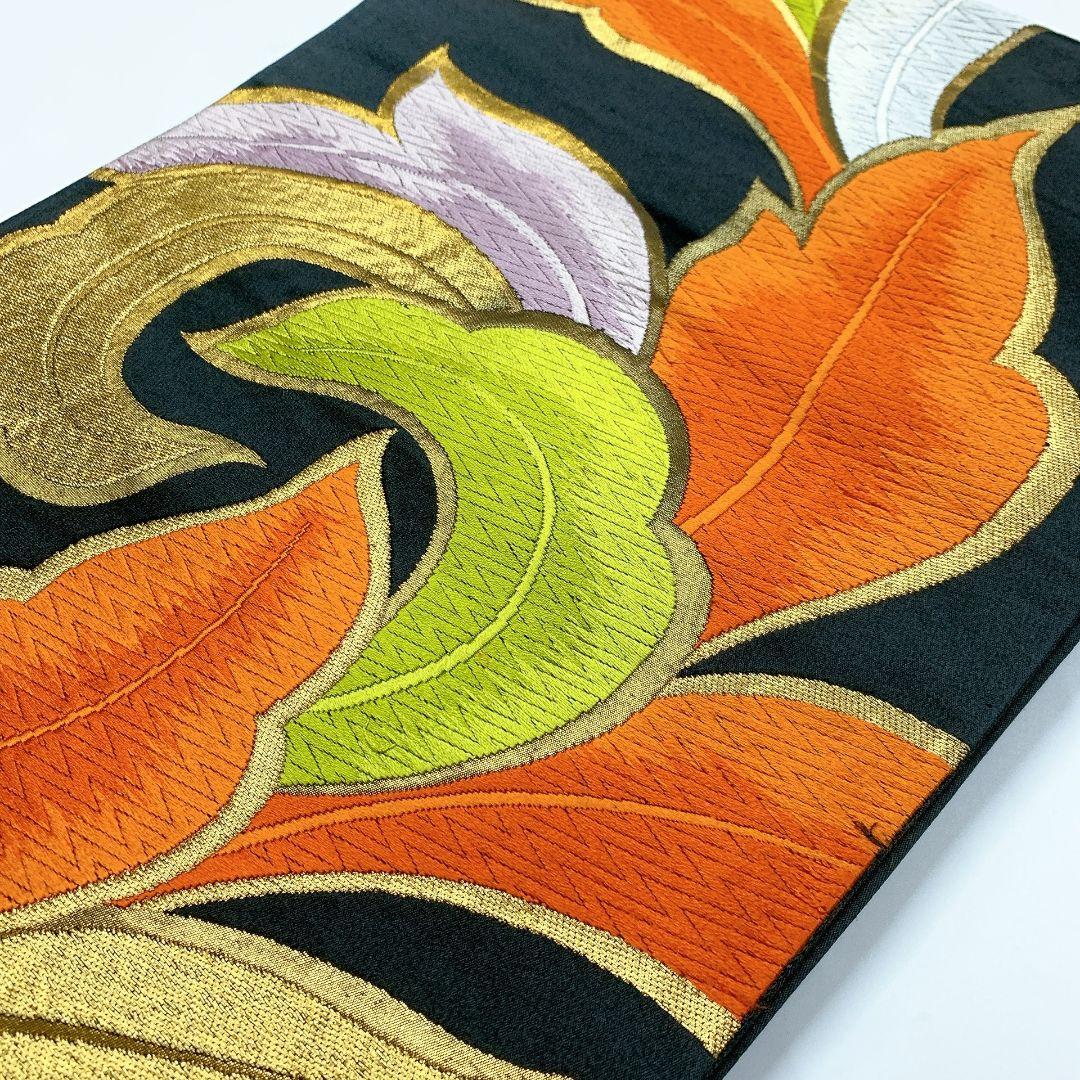 4511# Japanese Vintage Fukuro Obi Belt Kimono Fabric Silk Traditional Black