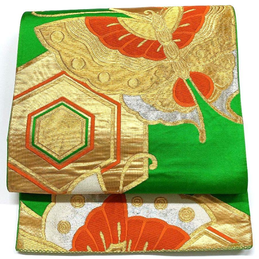 3841# Japanese Vintage Fukuro Obi Belt Kimono Fabric Silk Traditional Green