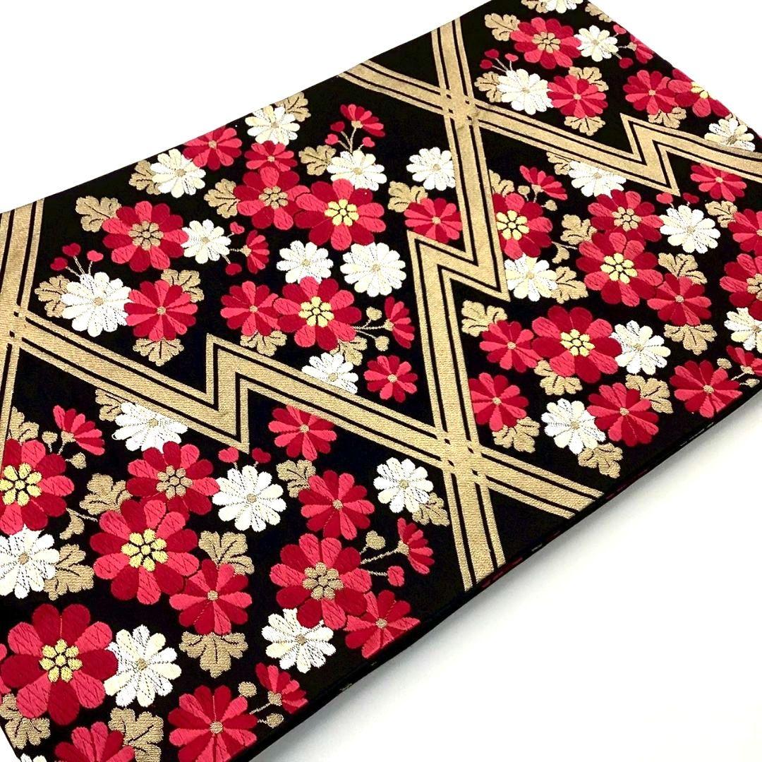 4766# Japanese Vintage Fukuro Obi Belt Kimono Fabric Silk Traditional Black