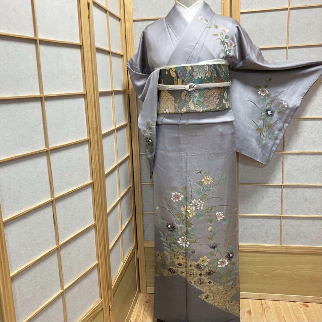 4362# Japanese Kimono Vintage Womens Silk Fabric Robe Kimono only sold Gray