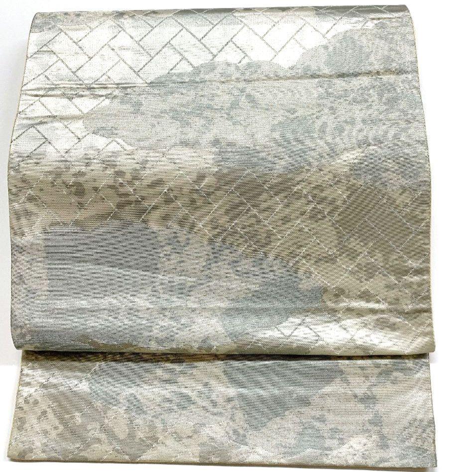 3842# Japanese Vintage Fukuro Obi Belt Kimono Fabric Silk Traditional Silver