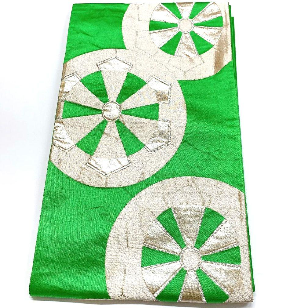 4104# Japanese Vintage Fukuro Obi Belt Kimono Fabric Silk Traditional Green