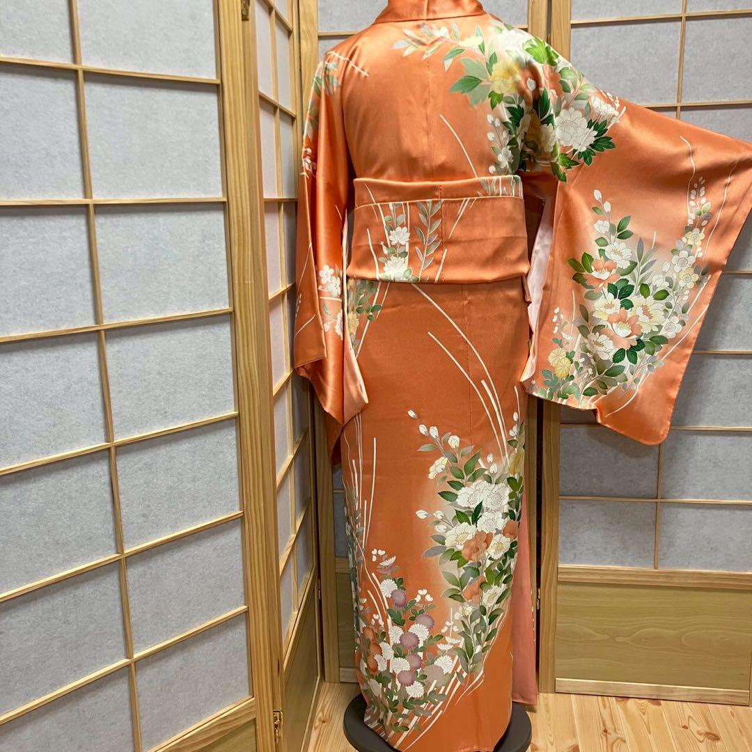 4349# Japanese Kimono Vintage Womens Silk Fabric Robe Kimono only sold Orange