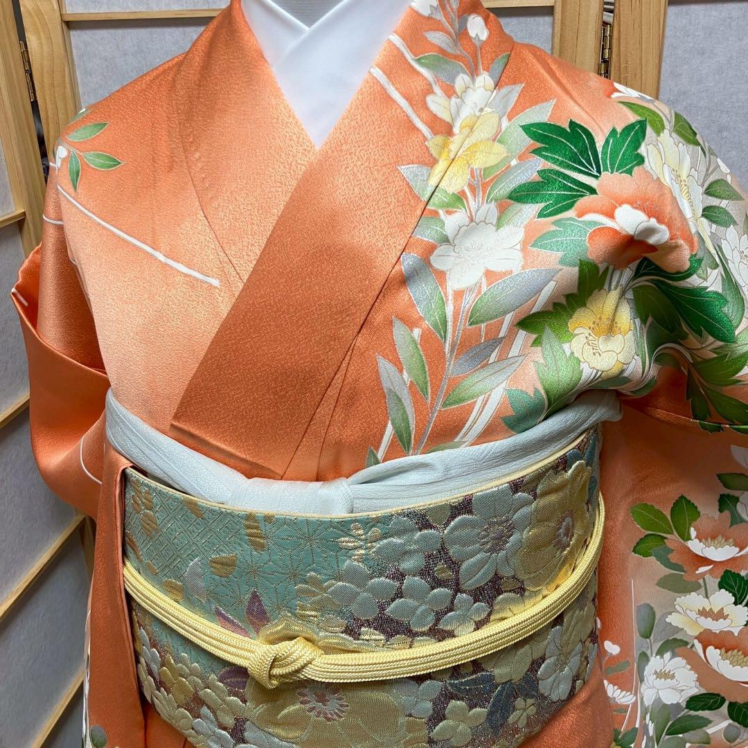 4349# Japanese Kimono Vintage Womens Silk Fabric Robe Kimono only sold Orange