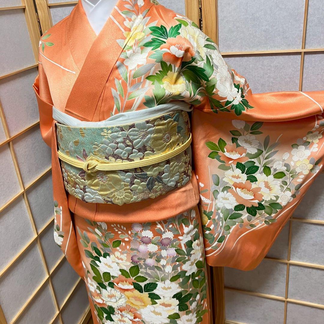 4349# Japanese Kimono Vintage Womens Silk Fabric Robe Kimono only sold Orange