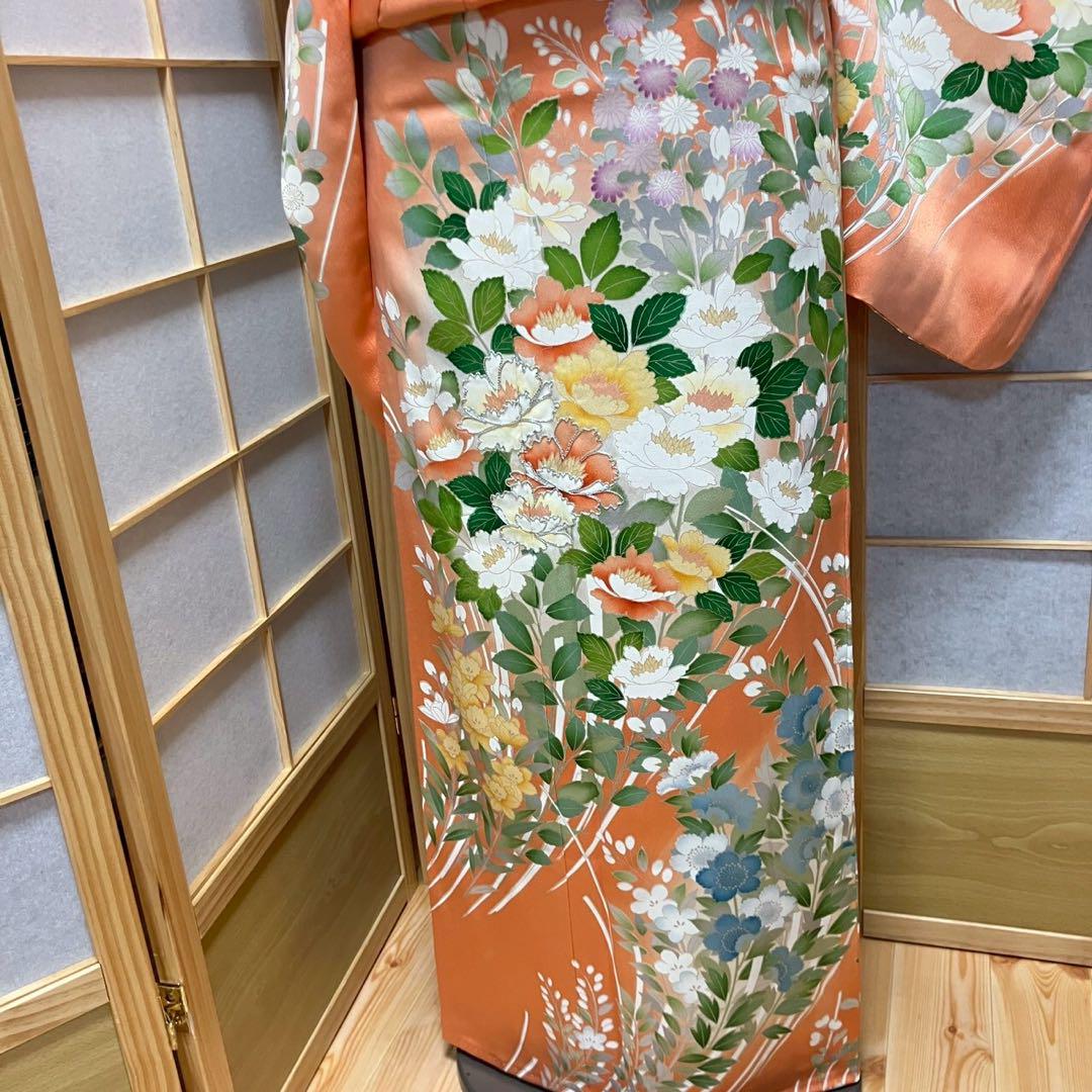 4349# Japanese Kimono Vintage Womens Silk Fabric Robe Kimono only sold Orange