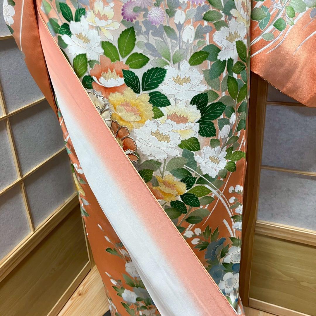 4349# Japanese Kimono Vintage Womens Silk Fabric Robe Kimono only sold Orange