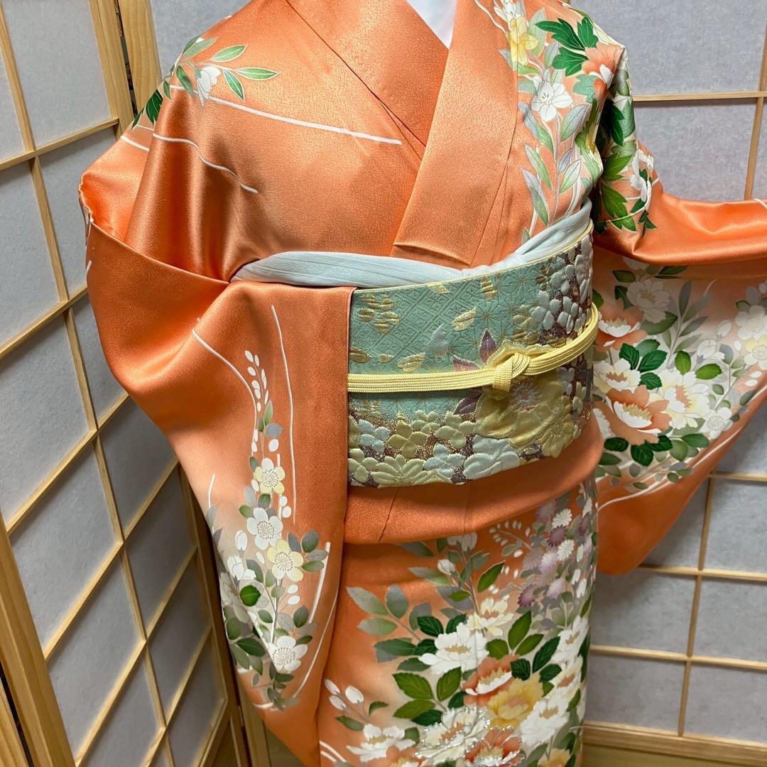 4349# Japanese Kimono Vintage Womens Silk Fabric Robe Kimono only sold Orange