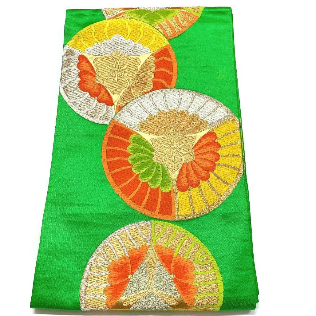 3837# Japanese Vintage Fukuro Obi Belt Kimono Fabric Silk Traditional Green