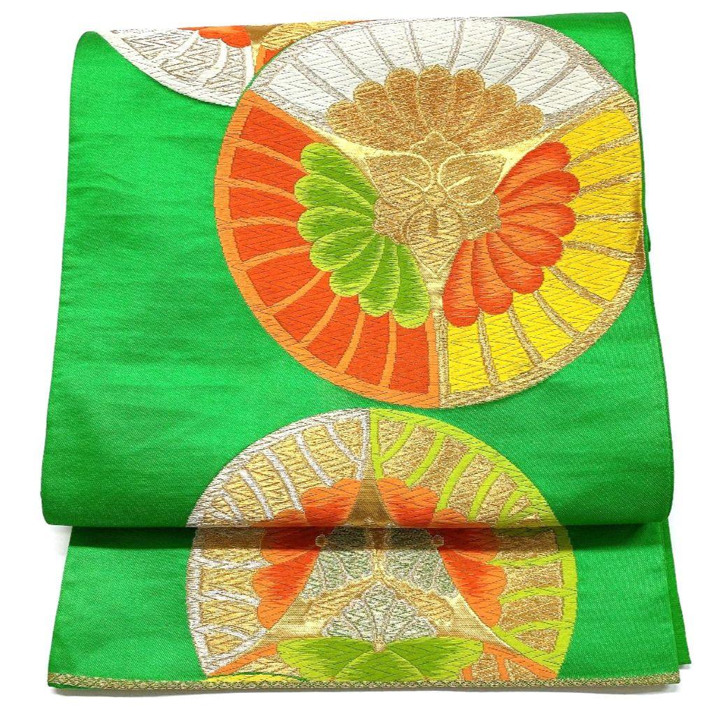 3837# Japanese Vintage Fukuro Obi Belt Kimono Fabric Silk Traditional Green