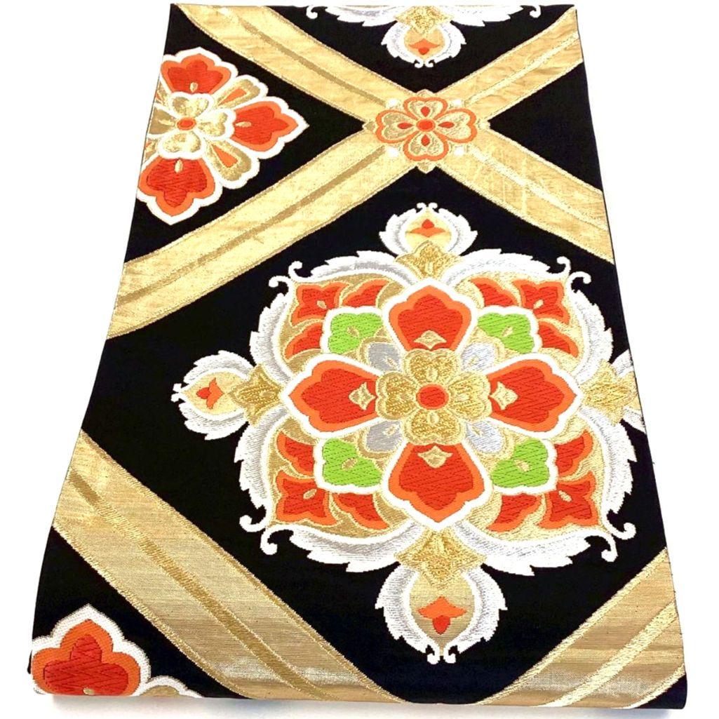 4752# Japanese Vintage Fukuro Obi Belt Kimono Fabric Silk Traditional Black