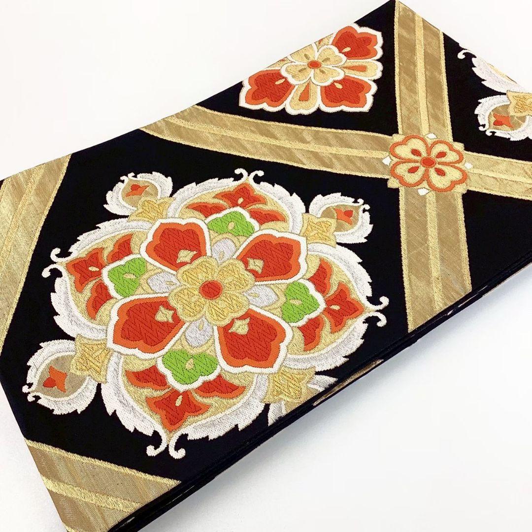 4752# Japanese Vintage Fukuro Obi Belt Kimono Fabric Silk Traditional Black