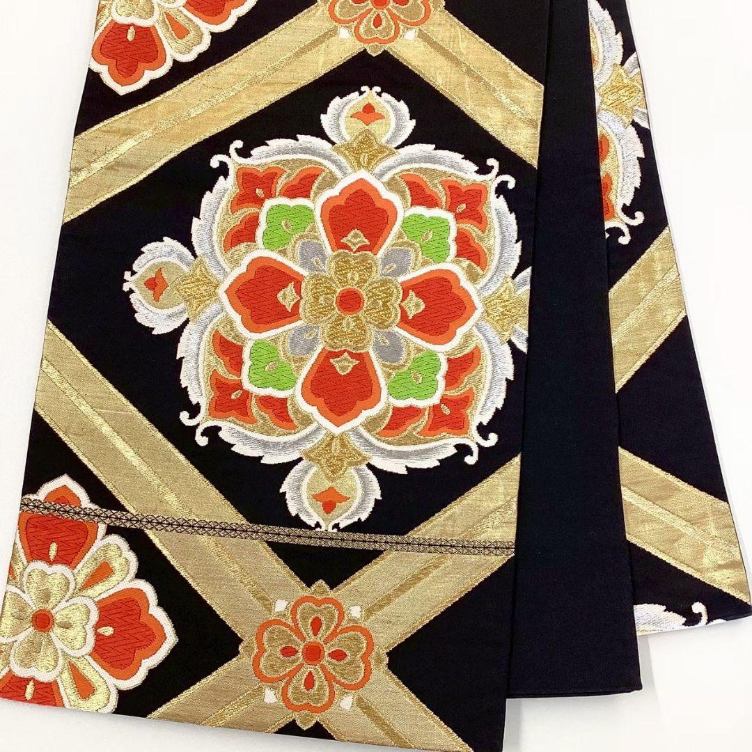4752# Japanese Vintage Fukuro Obi Belt Kimono Fabric Silk Traditional Black