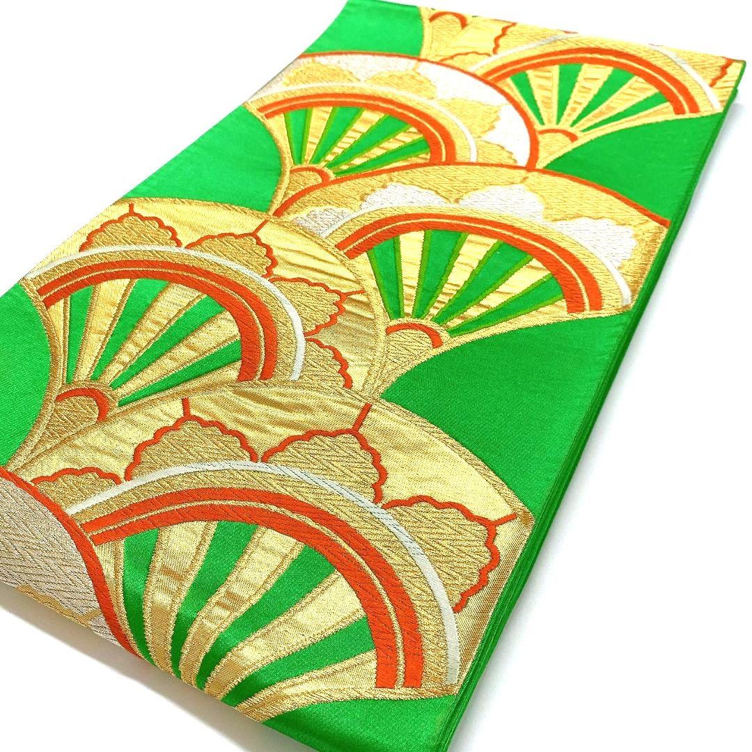 3746# Japanese Vintage Fukuro Obi Belt Kimono Fabric Silk Traditional Green