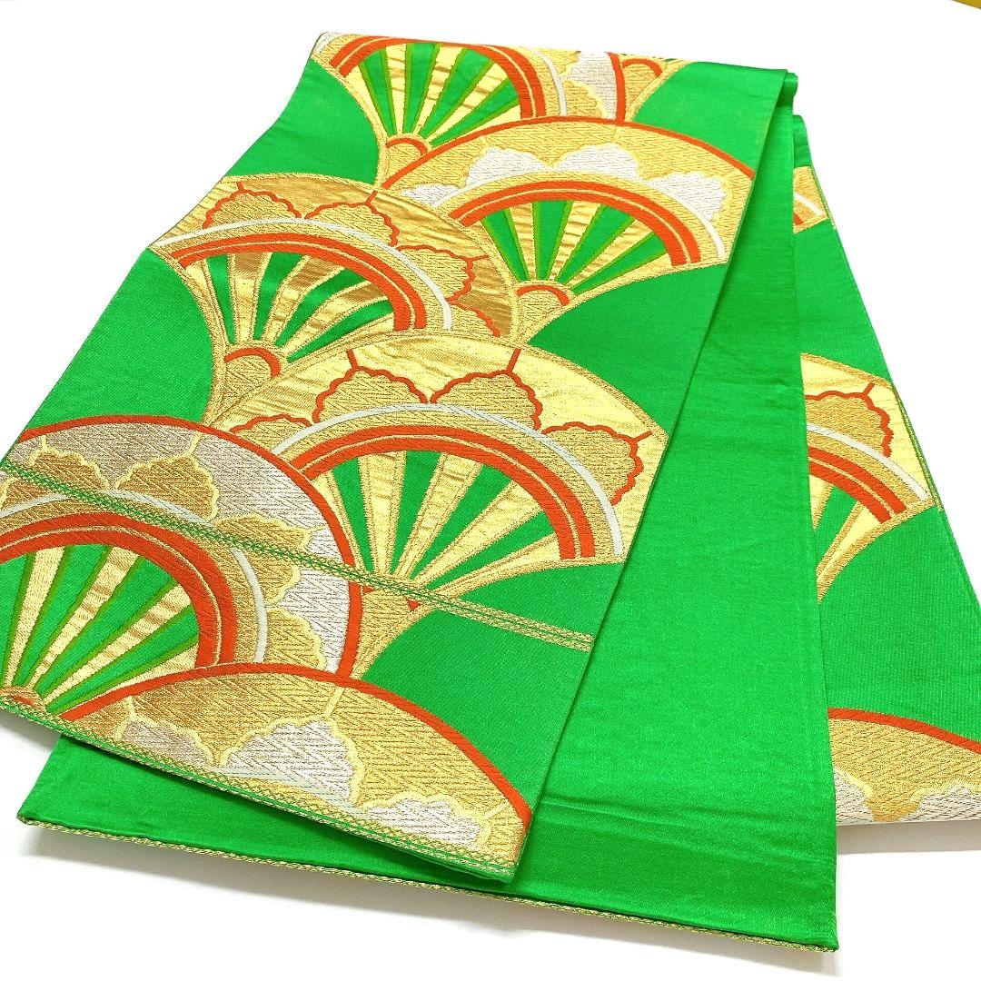 3746# Japanese Vintage Fukuro Obi Belt Kimono Fabric Silk Traditional Green