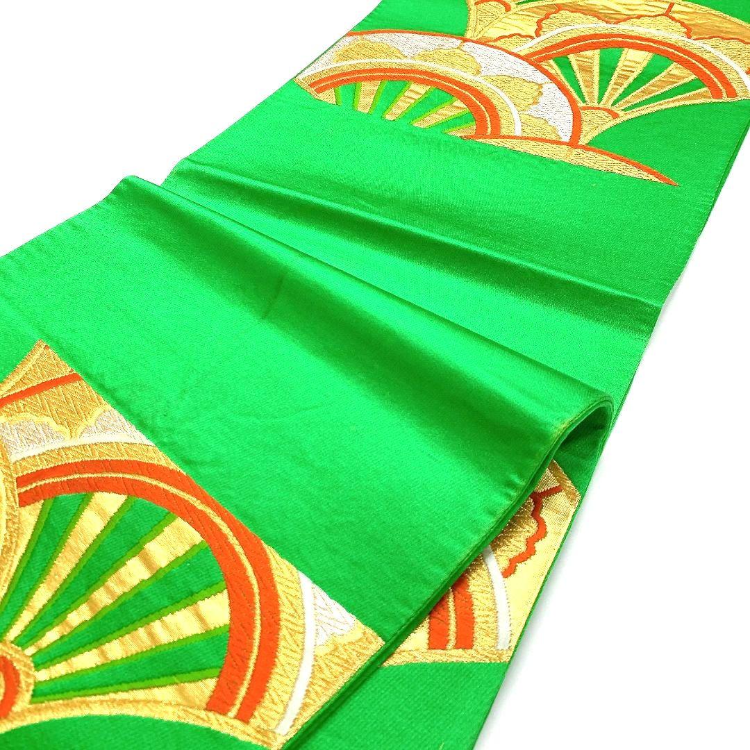 3746# Japanese Vintage Fukuro Obi Belt Kimono Fabric Silk Traditional Green