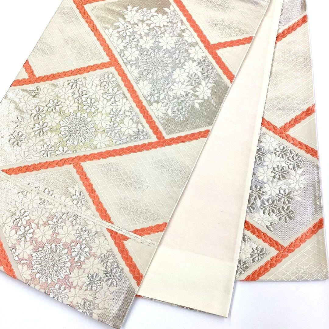 3064# Japanese Vintage Fukuro Obi Belt Kimono Fabric Silk Traditional Silver
