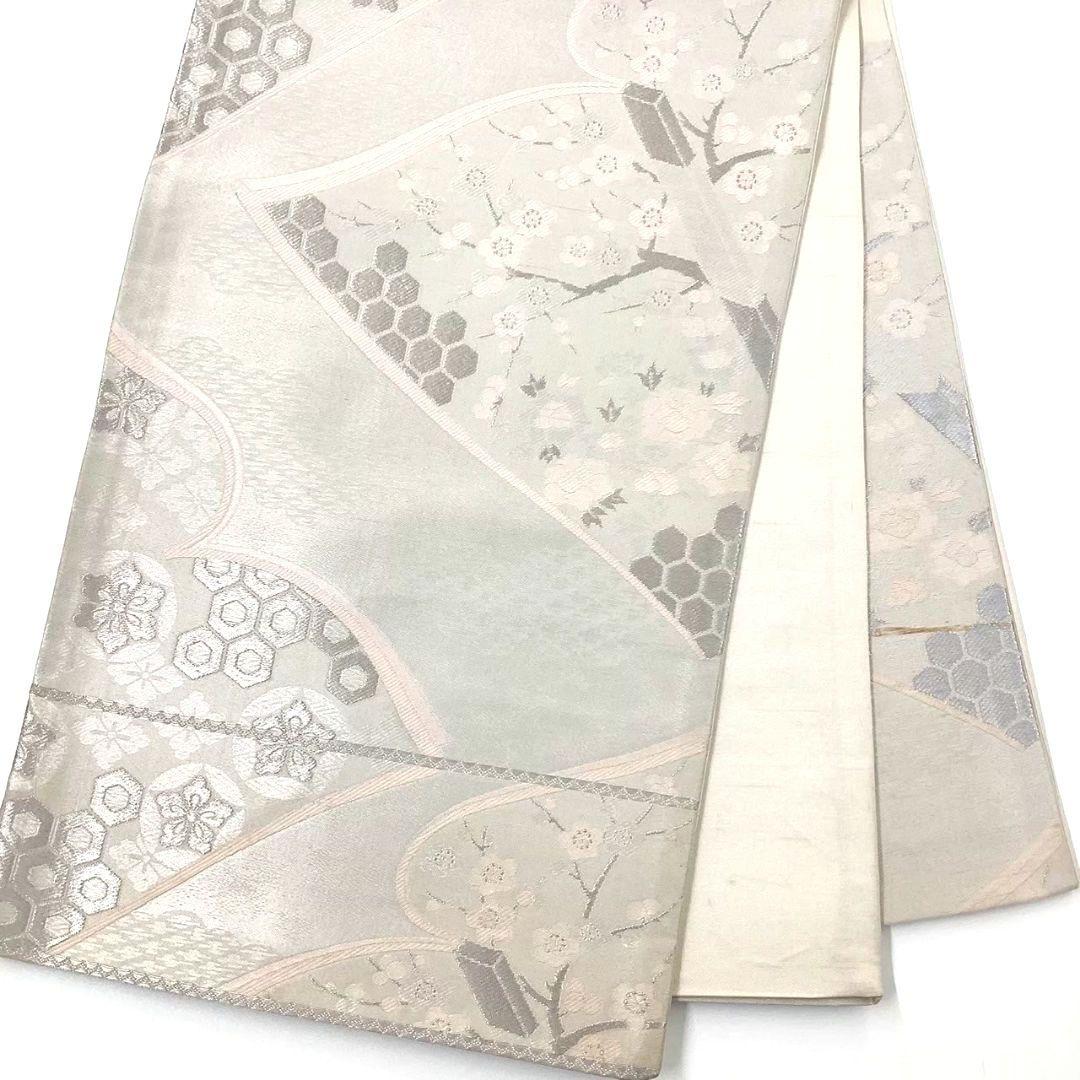 4721# Japanese Vintage Fukuro Obi Belt Kimono Fabric Silk Traditional Silver