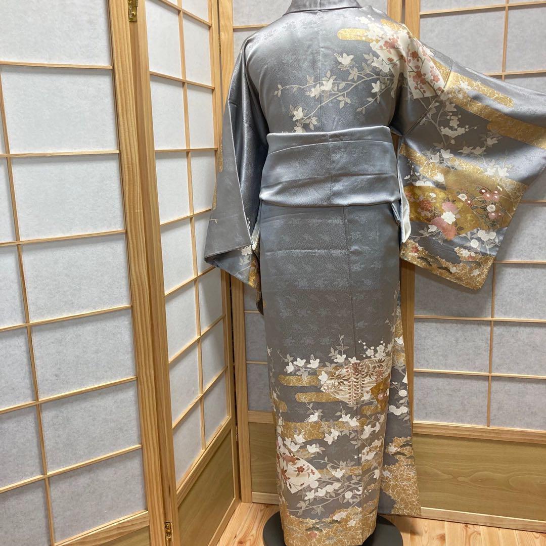 3115# Japanese Kimono Vintage Womens Silk Fabric Robe Kimono only sold Gray