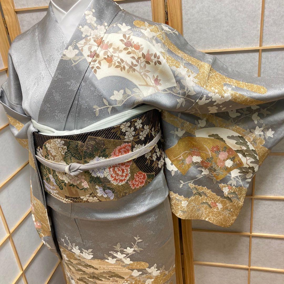 3115# Japanese Kimono Vintage Womens Silk Fabric Robe Kimono only sold Gray