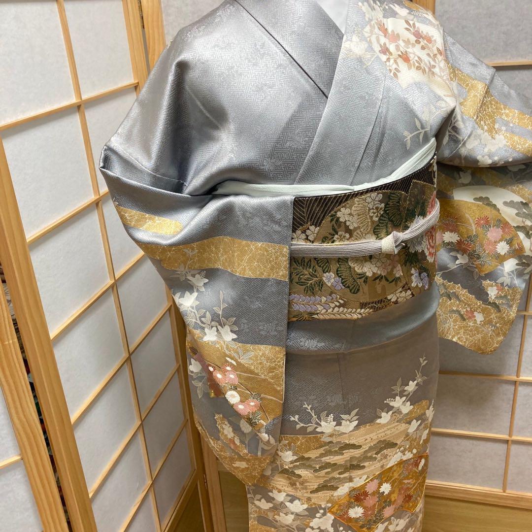 3115# Japanese Kimono Vintage Womens Silk Fabric Robe Kimono only sold Gray