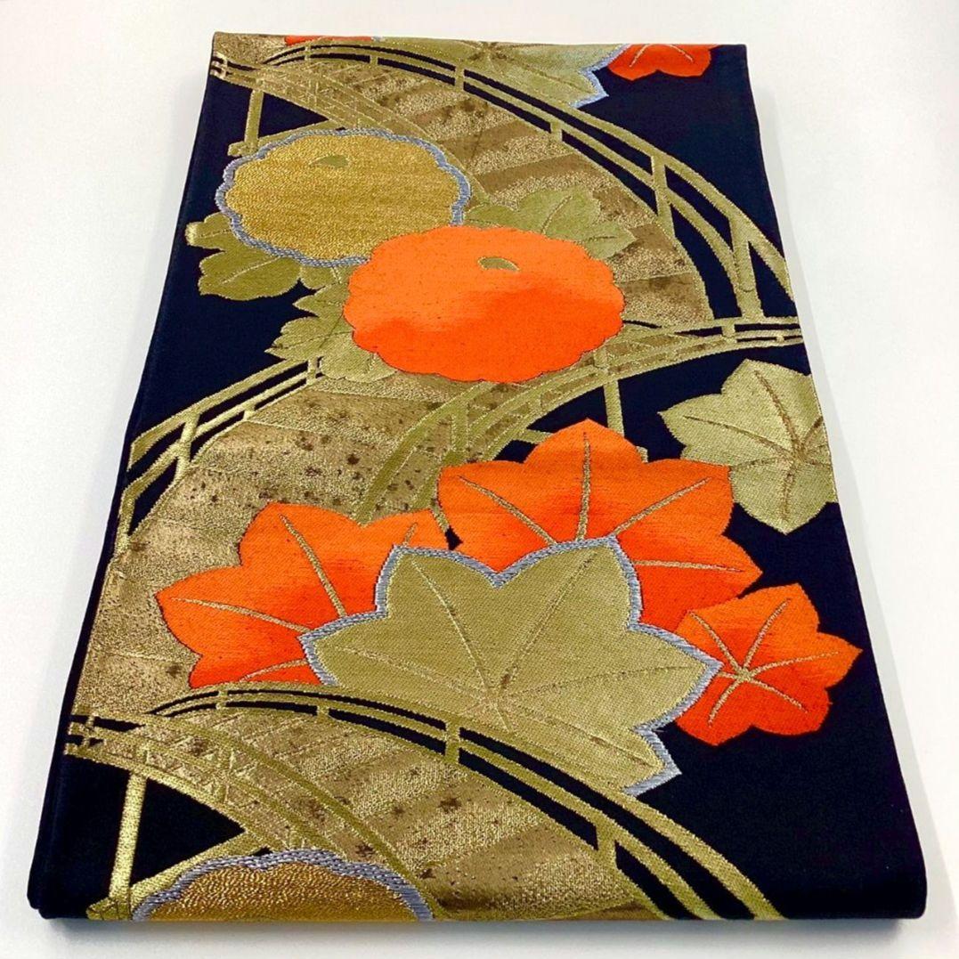 4917# Japanese Vintage Fukuro Obi Belt Kimono Fabric Silk Traditional Black