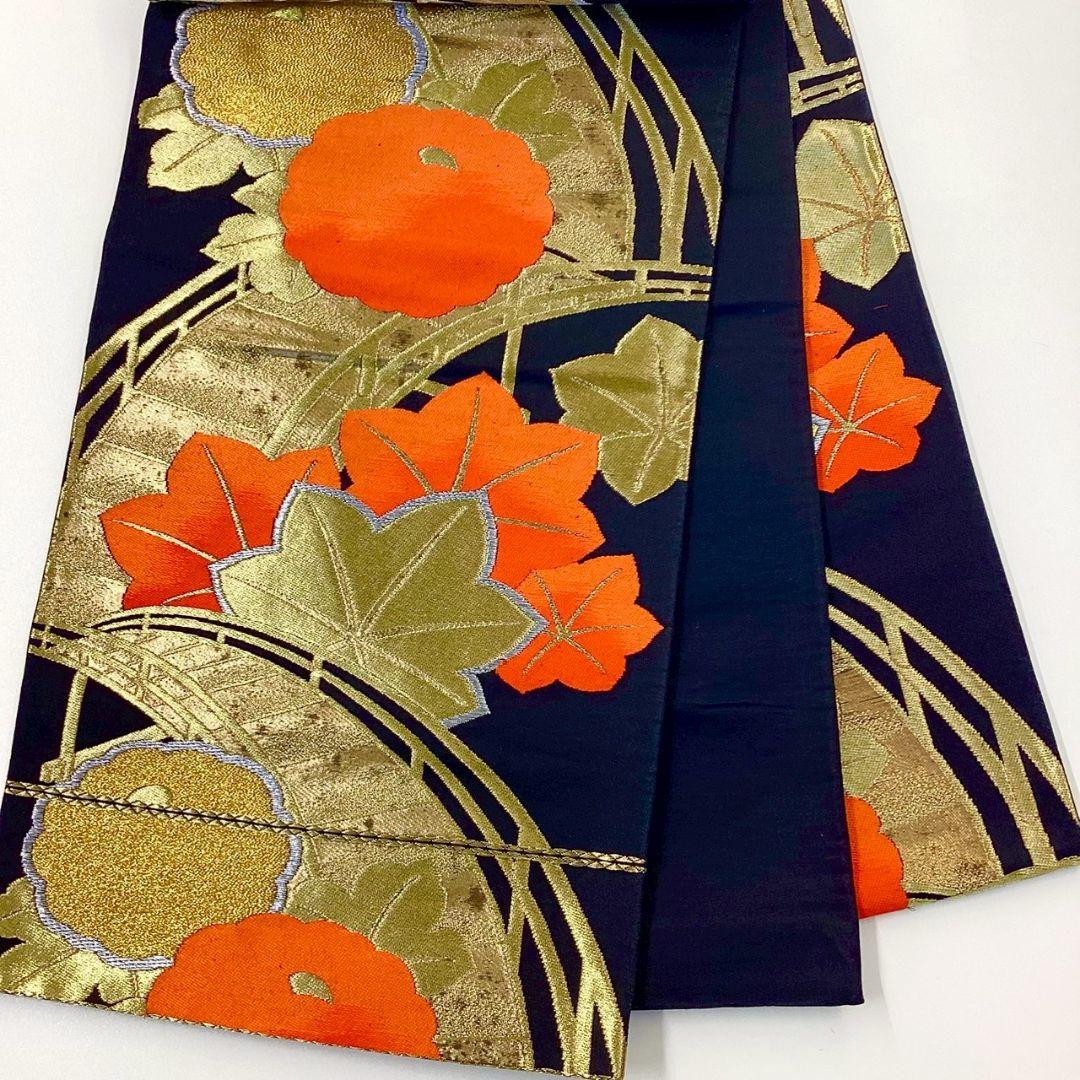 4917# Japanese Vintage Fukuro Obi Belt Kimono Fabric Silk Traditional Black