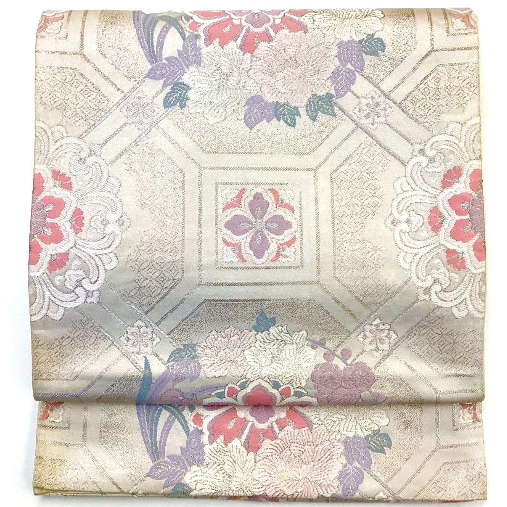 4317# Japanese Vintage Fukuro Obi Belt Kimono Fabric Silk Traditional Silver