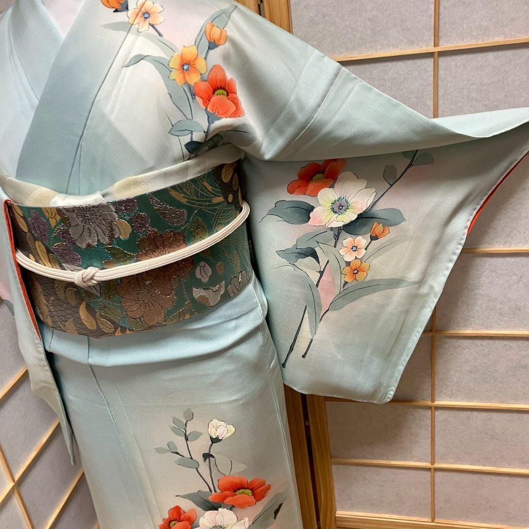 4370# Japanese Kimono Vintage Womens Silk Fabric Robe Kimono only sold Biue