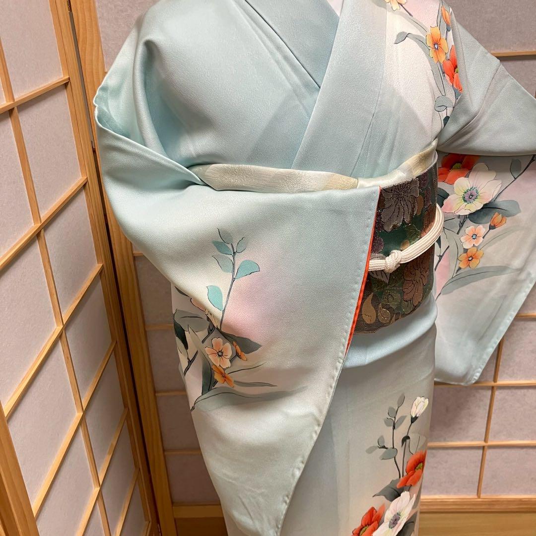 4370# Japanese Kimono Vintage Womens Silk Fabric Robe Kimono only sold Biue