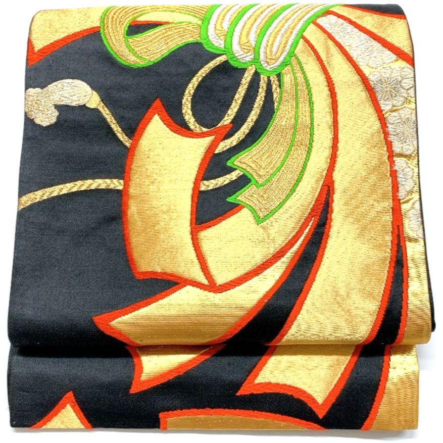 4088# Japanese Vintage Fukuro Obi Belt Kimono Fabric Silk Traditional Black