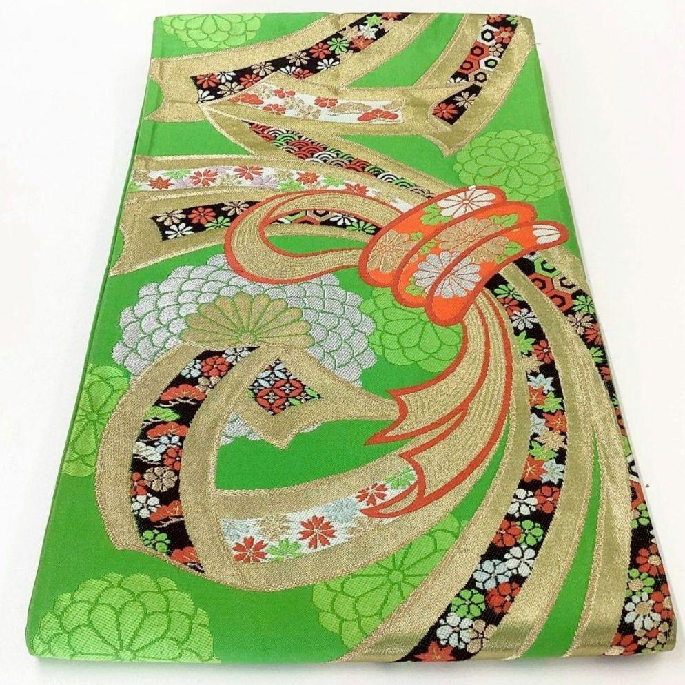 4700# Japanese Vintage Fukuro Obi Belt Kimono Fabric Silk Traditional Green