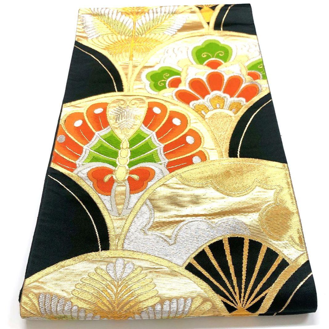 3783# Japanese Vintage Fukuro Obi Belt Kimono Fabric Silk Traditional Black