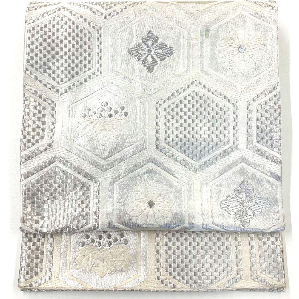 4919# Japanese Vintage Fukuro Obi Belt Kimono Fabric Silk Traditional Silver