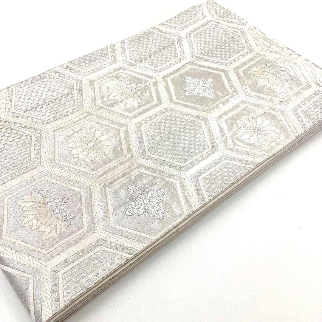 4919# Japanese Vintage Fukuro Obi Belt Kimono Fabric Silk Traditional Silver