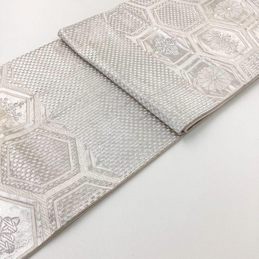 4919# Japanese Vintage Fukuro Obi Belt Kimono Fabric Silk Traditional Silver