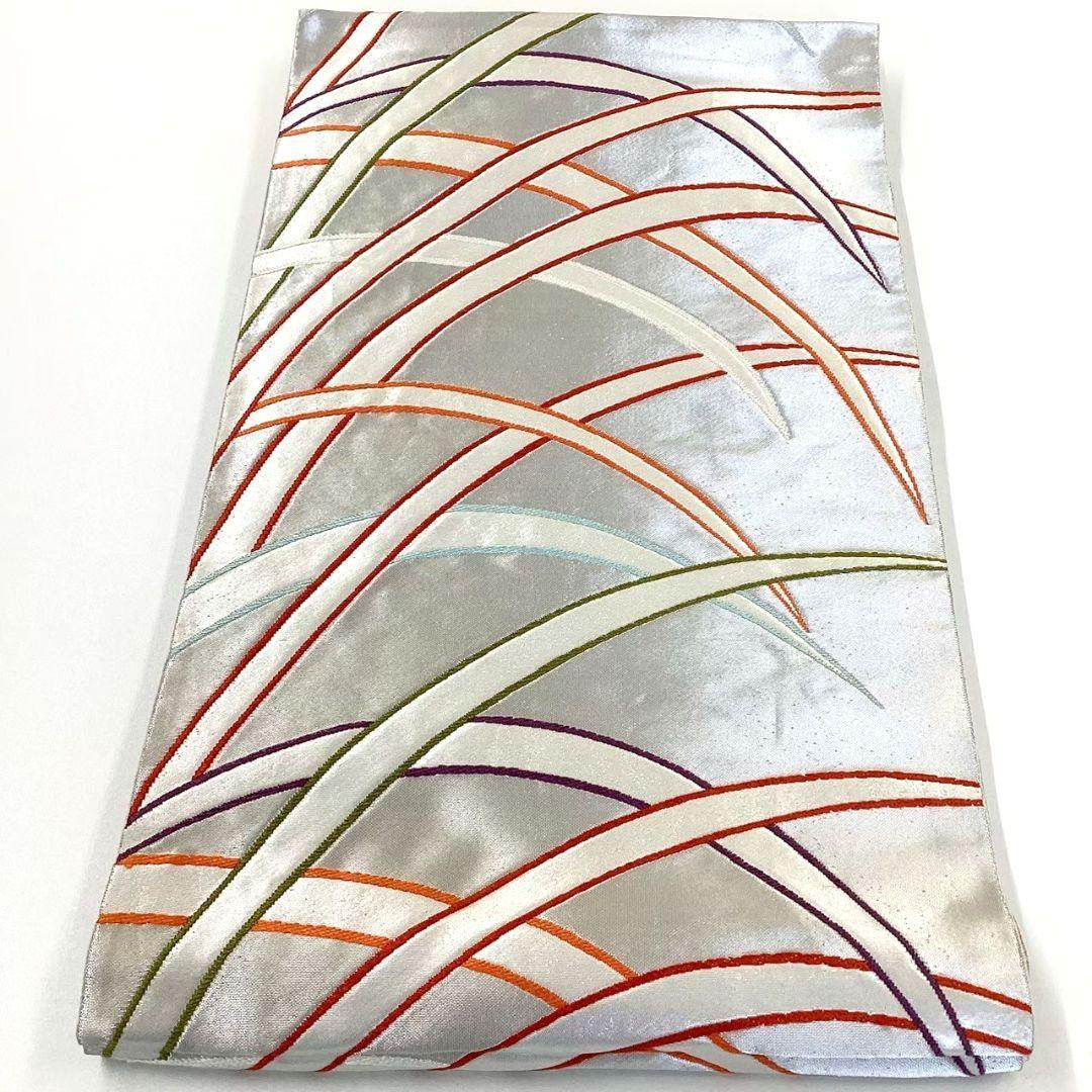 4743# Japanese Vintage Fukuro Obi Belt Kimono Fabric Silk Traditional Silver