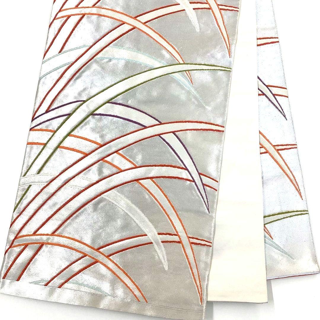 4743# Japanese Vintage Fukuro Obi Belt Kimono Fabric Silk Traditional Silver