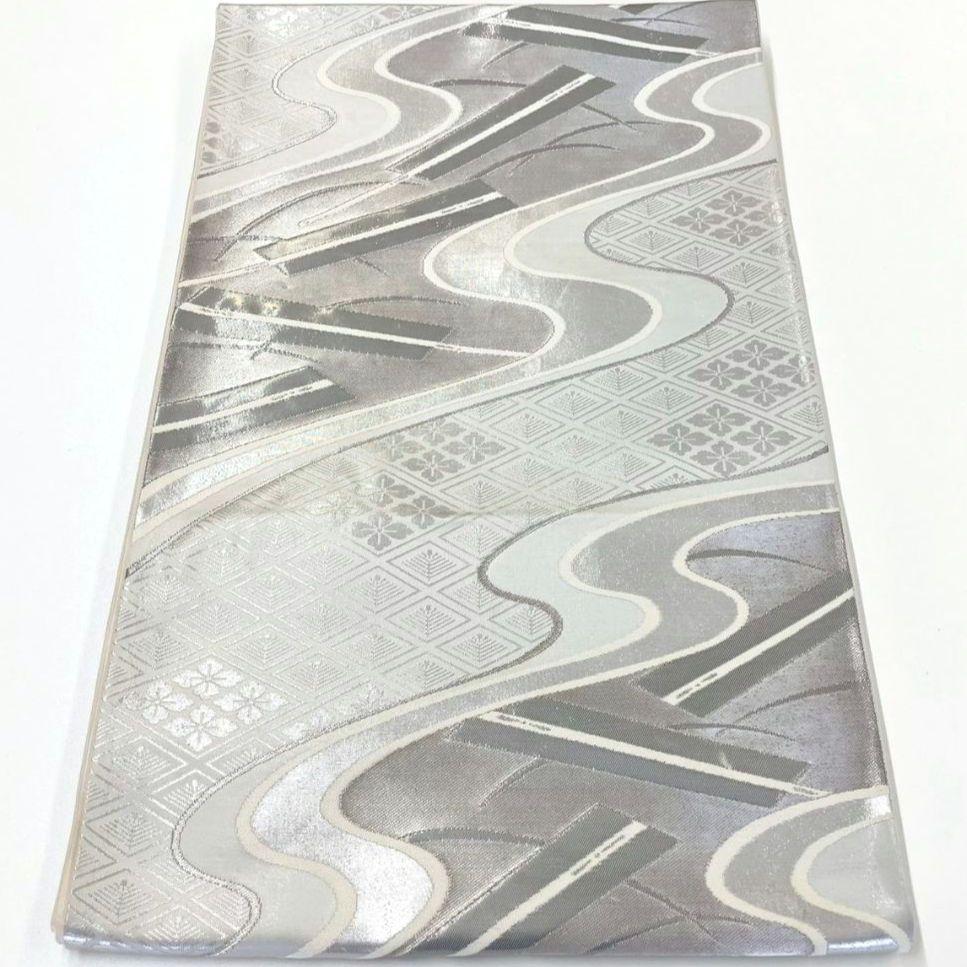 3625# Japanese Vintage Fukuro Obi Belt Kimono Fabric Silk Traditional Silver