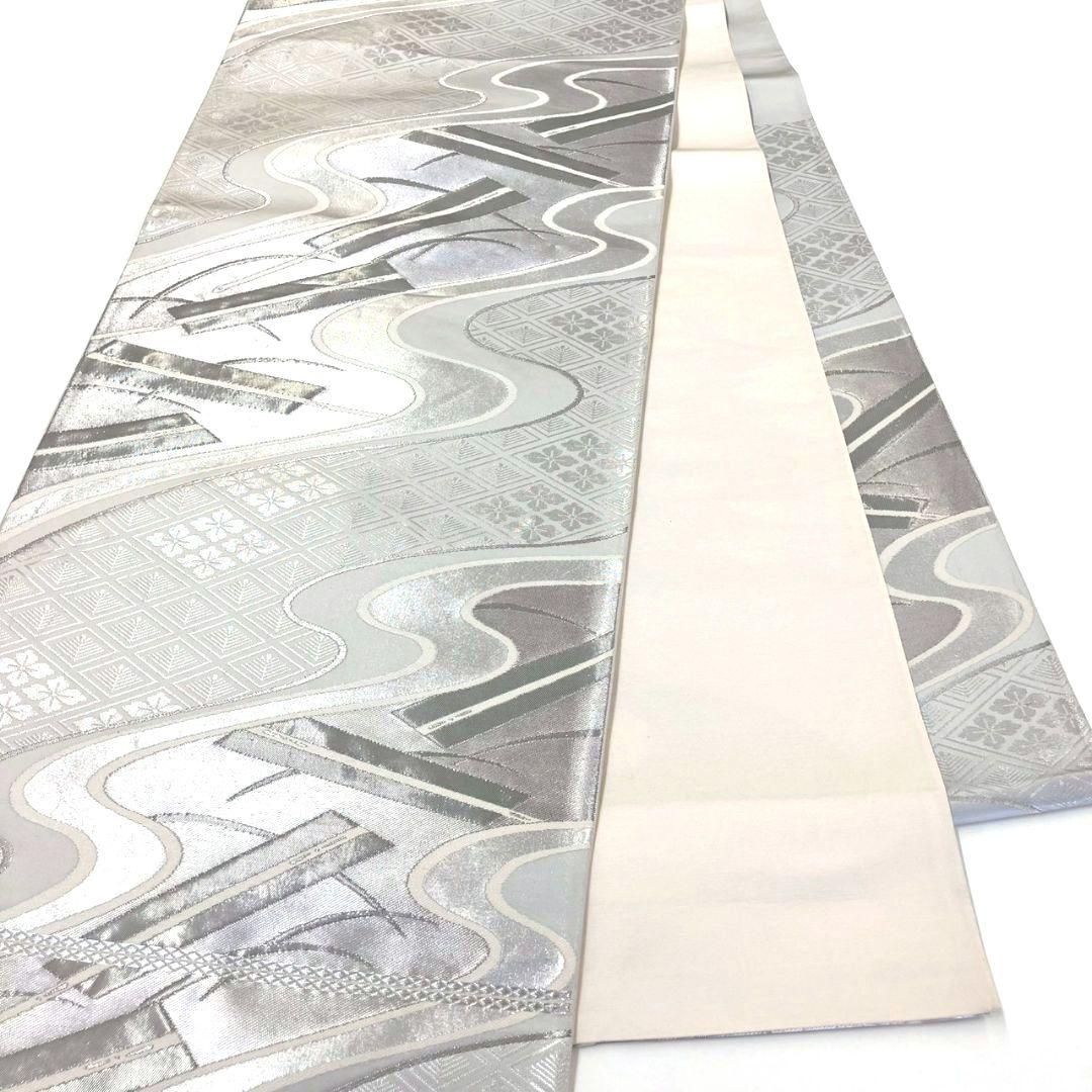 3625# Japanese Vintage Fukuro Obi Belt Kimono Fabric Silk Traditional Silver