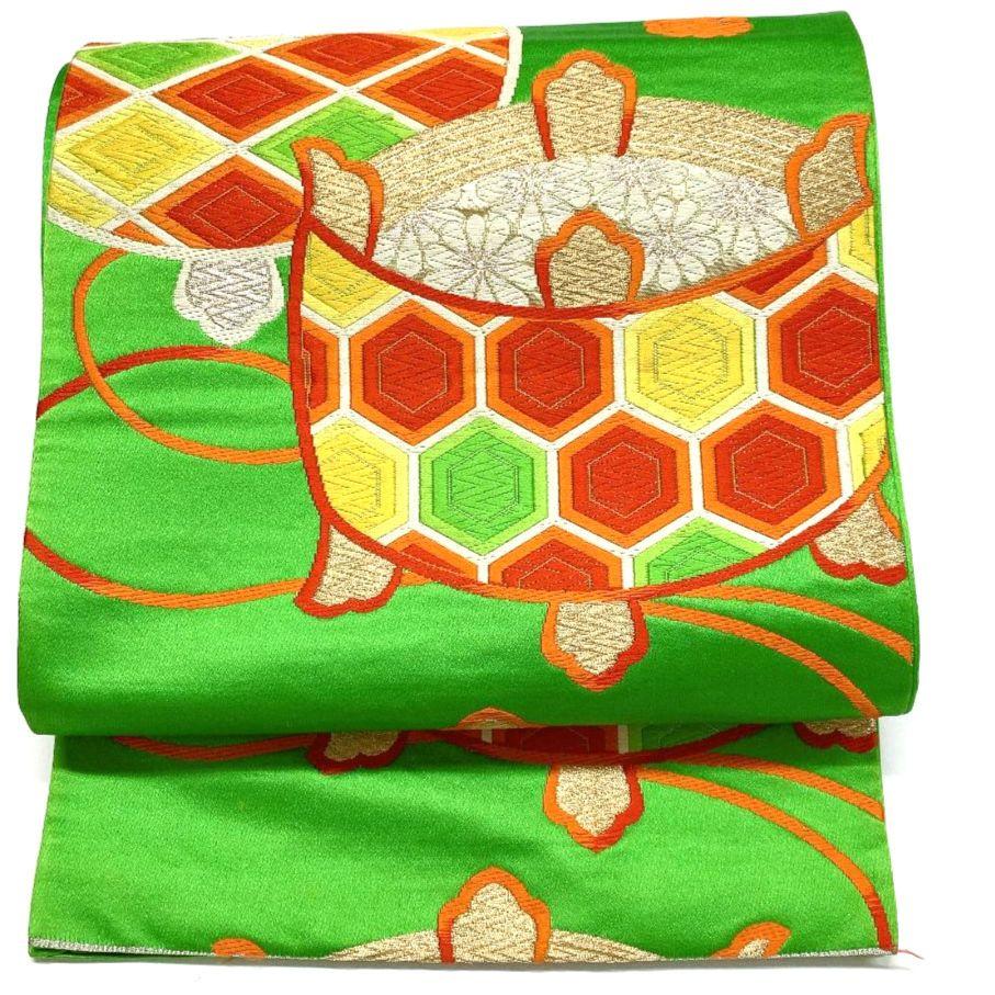 4114# Japanese Vintage Fukuro Obi Belt Kimono Fabric Silk Traditional Green