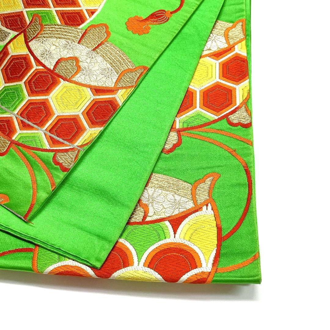 4114# Japanese Vintage Fukuro Obi Belt Kimono Fabric Silk Traditional Green