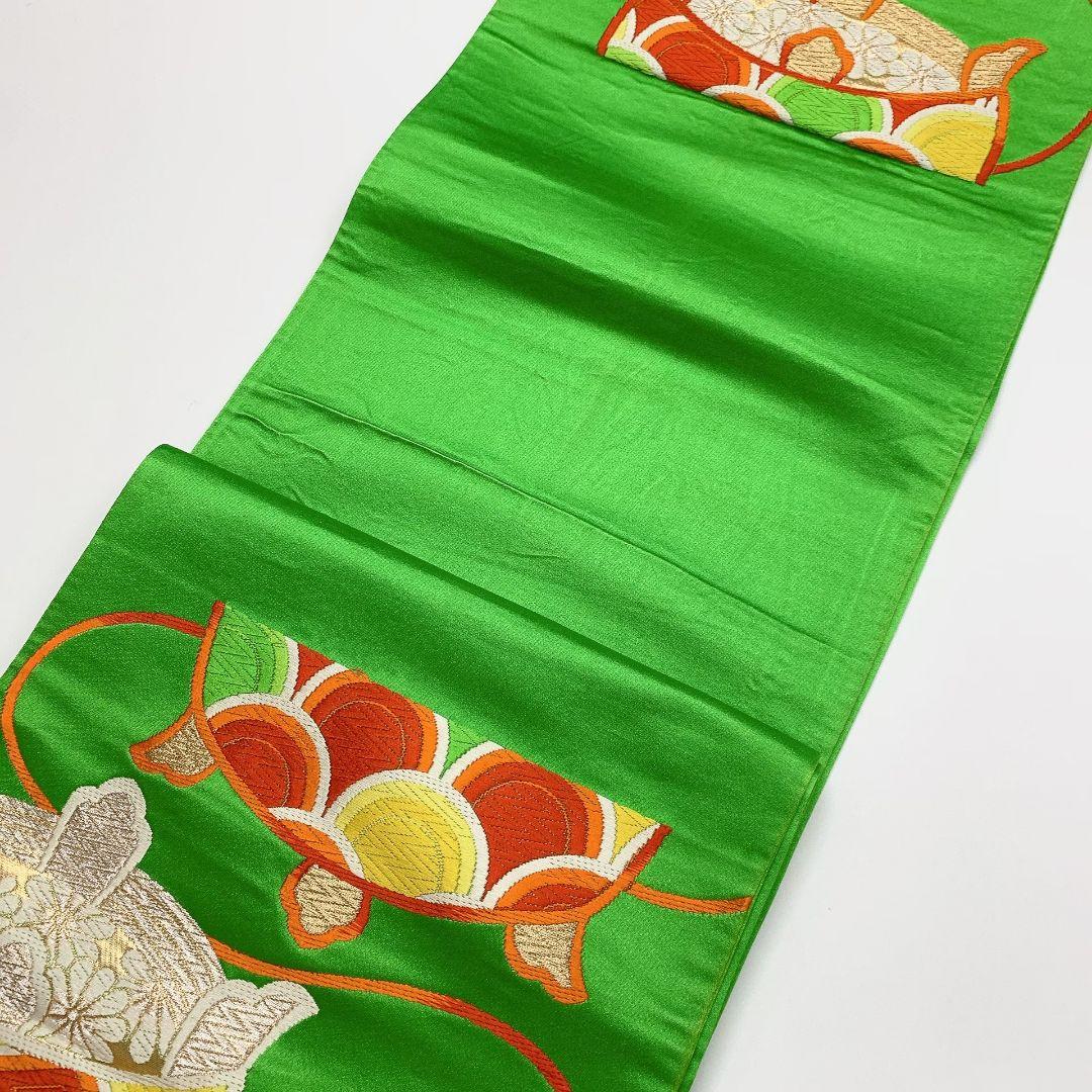 4114# Japanese Vintage Fukuro Obi Belt Kimono Fabric Silk Traditional Green