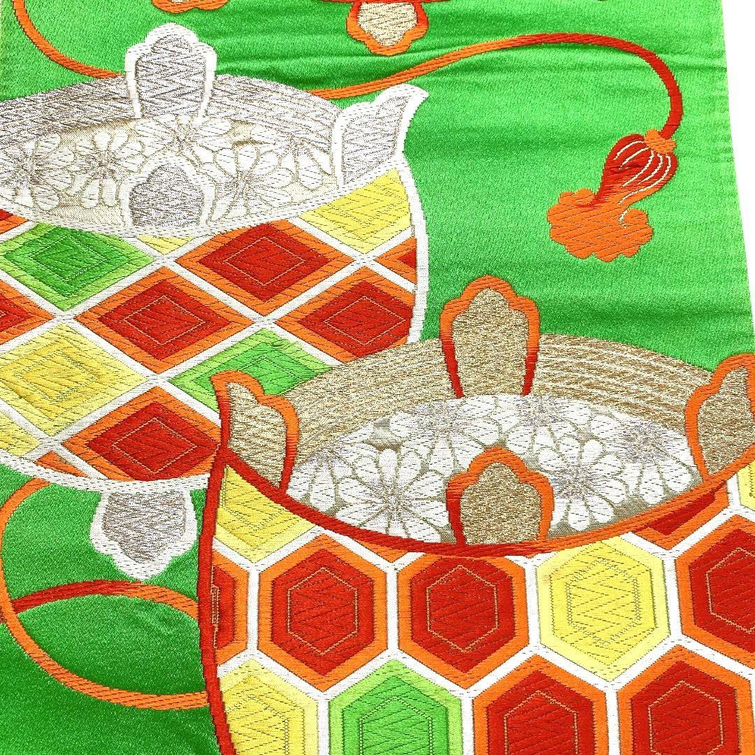 4114# Japanese Vintage Fukuro Obi Belt Kimono Fabric Silk Traditional Green