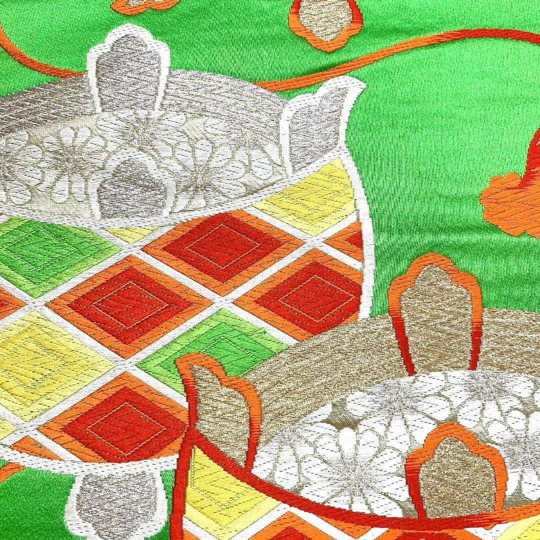 4114# Japanese Vintage Fukuro Obi Belt Kimono Fabric Silk Traditional Green