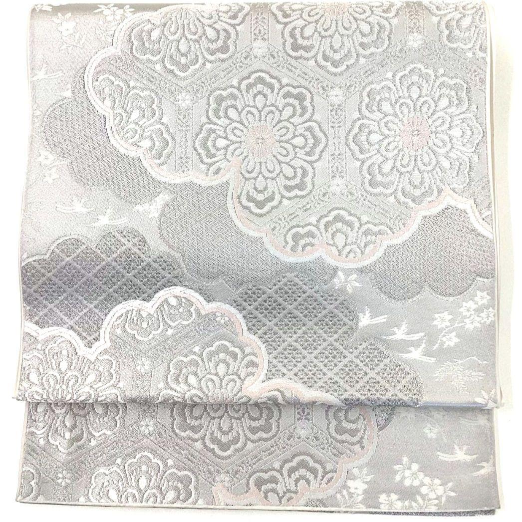 3633# Japanese Vintage Fukuro Obi Belt Kimono Fabric Silk Traditional Silver