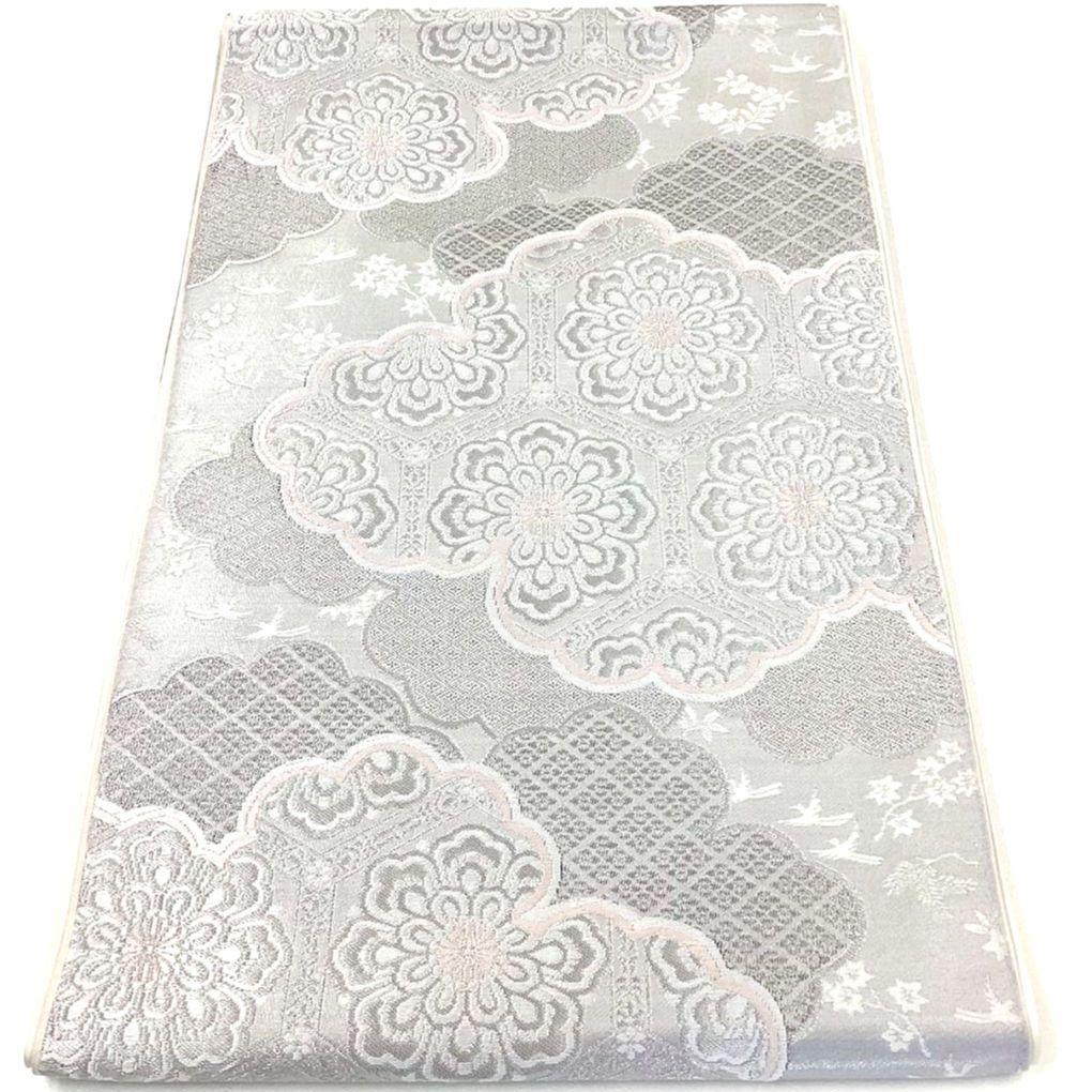 3633# Japanese Vintage Fukuro Obi Belt Kimono Fabric Silk Traditional Silver