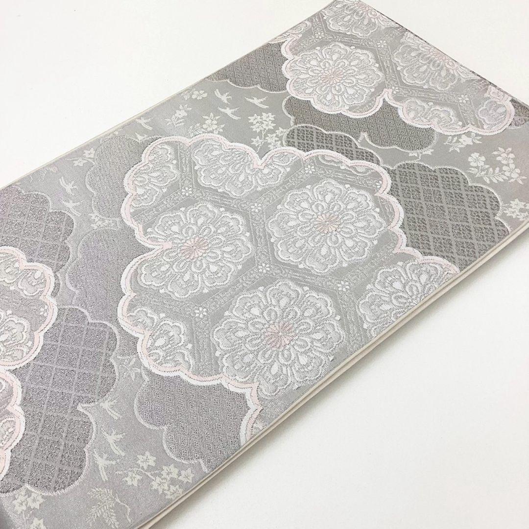 3633# Japanese Vintage Fukuro Obi Belt Kimono Fabric Silk Traditional Silver