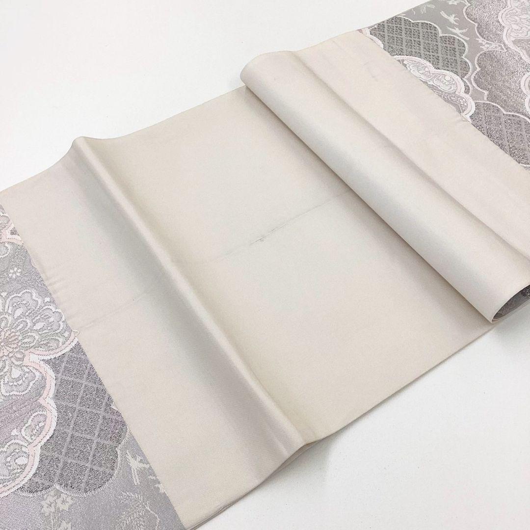 3633# Japanese Vintage Fukuro Obi Belt Kimono Fabric Silk Traditional Silver