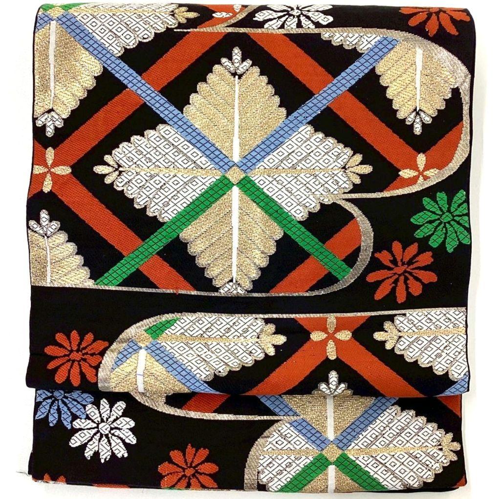 4242# Japanese Vintage Fukuro Obi Belt Kimono Fabric Silk Traditional black